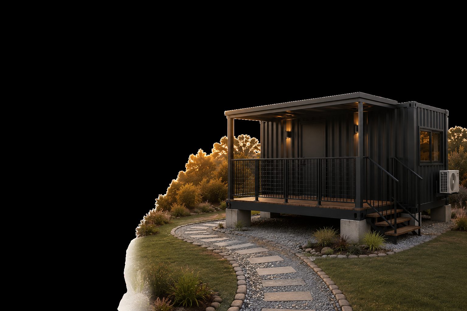 Casa container com deck de madeira e iluminação noturna, projeto Avalon Modular
