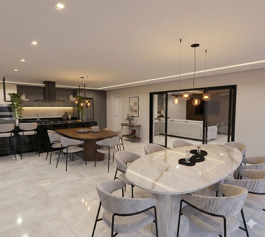 Cozinha integrada em projeto de interiores Avalon com marcenaria planejada